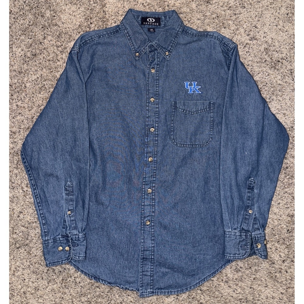 Vintage Vantage Kentucky Wildcats UK College Denim Shirt S Blue Button Up 90s